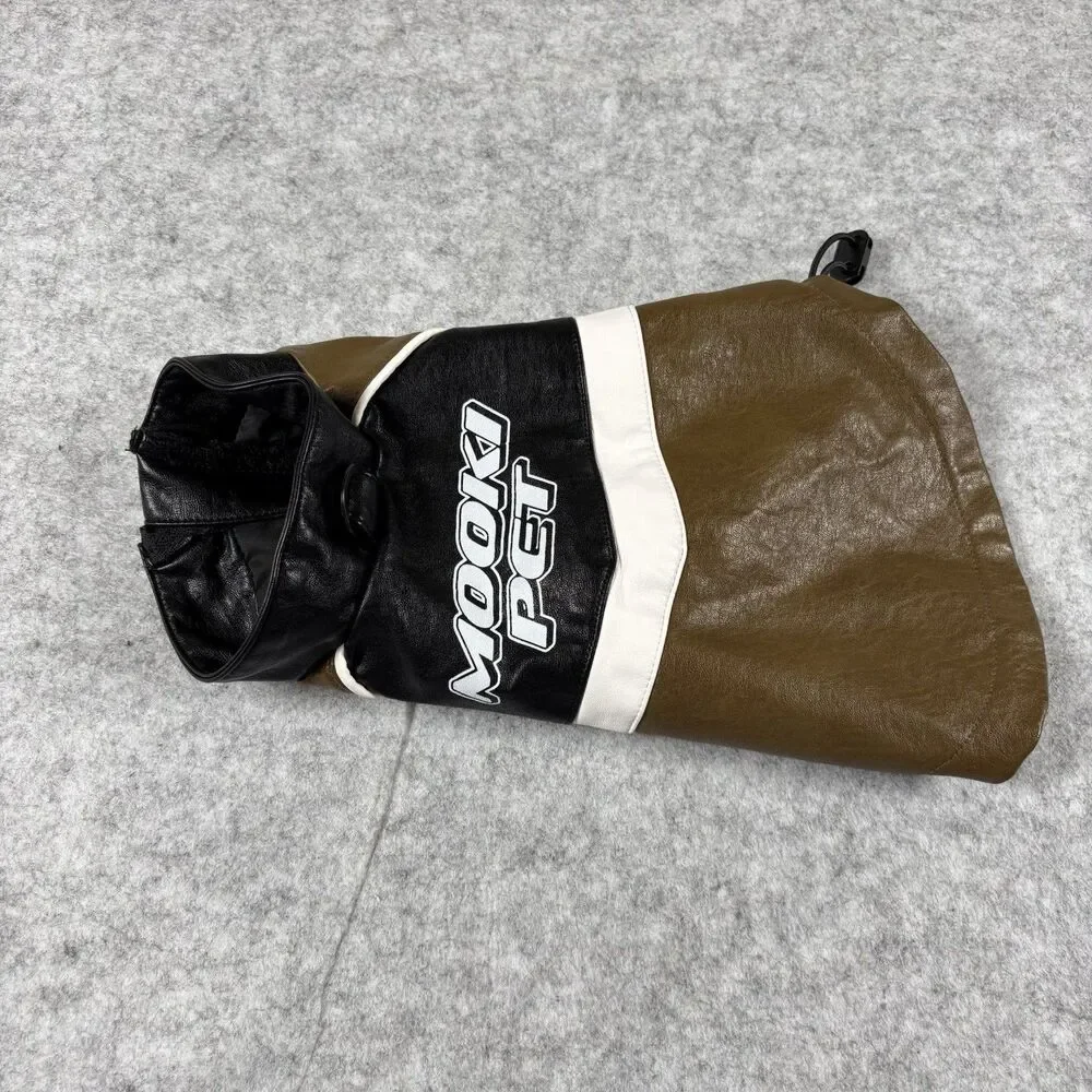 Mookie Pet Black & Brown Faux Leather Zip Up Moto Racing Jacket For Dogs / Cats